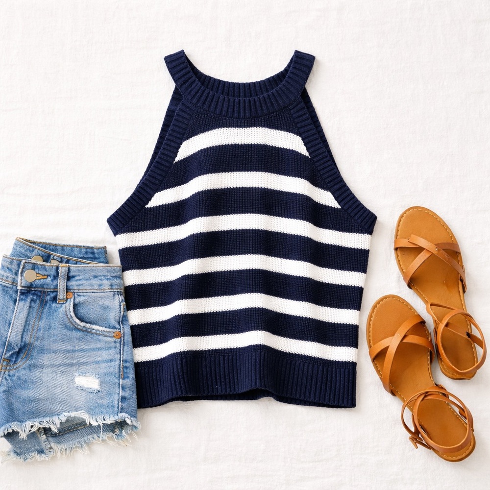 Old Navy White Striped Sweater Tank Sleeveless Cotton Blend Nautical Size XL